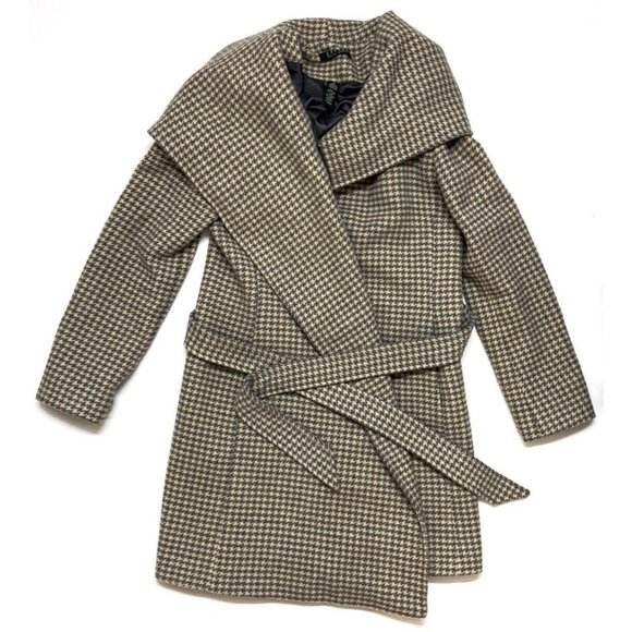 Womens Lauren Ralph Lauren Gray Wool Houndstooth Trench Coat With Tie Size 6 - Picture 1 of 16